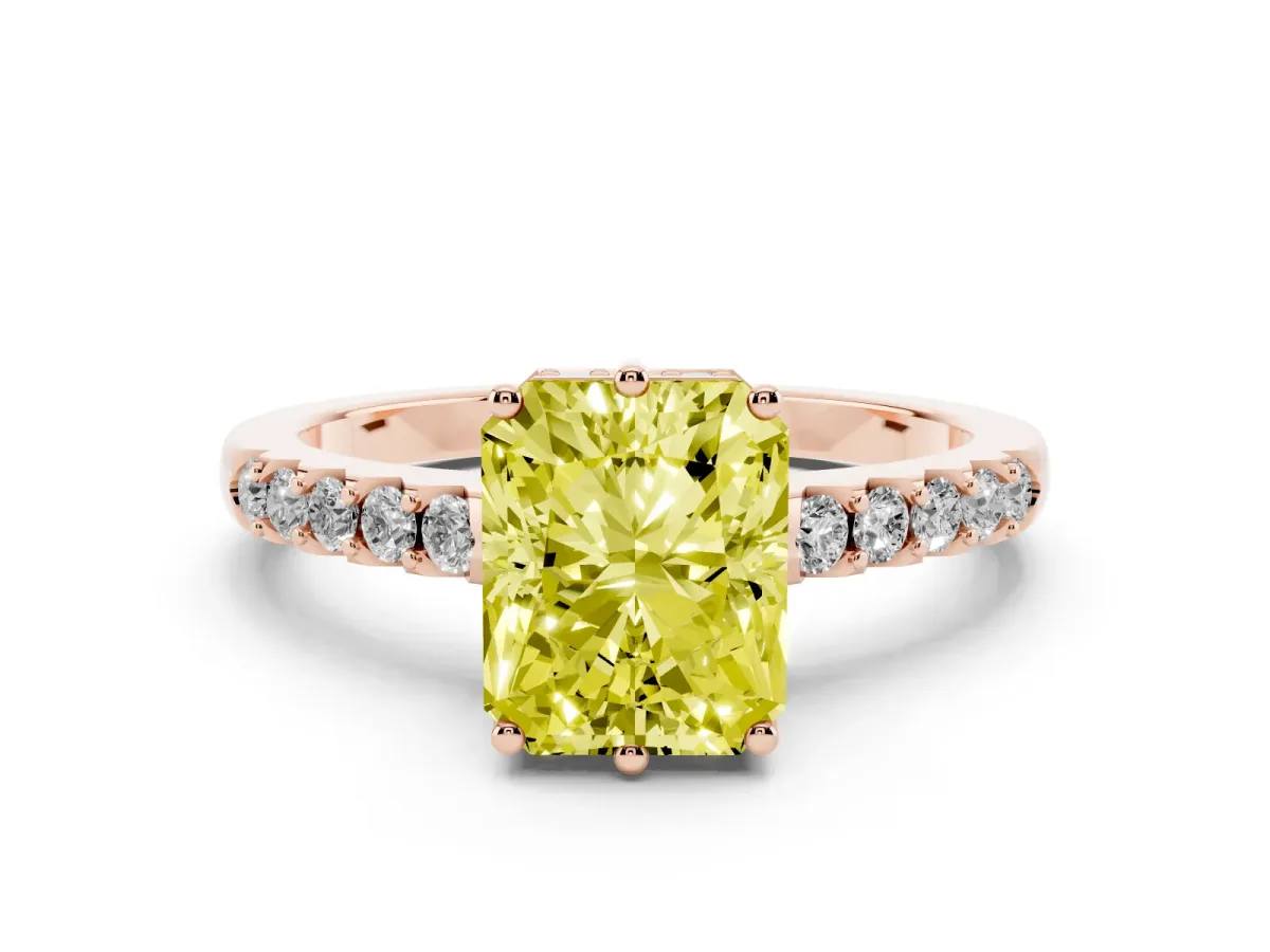 Fancy Yellow Radiant Cut Diamond Solitaire Engagement Ring Set in Rose gold with Pavé Band and Prong Setting