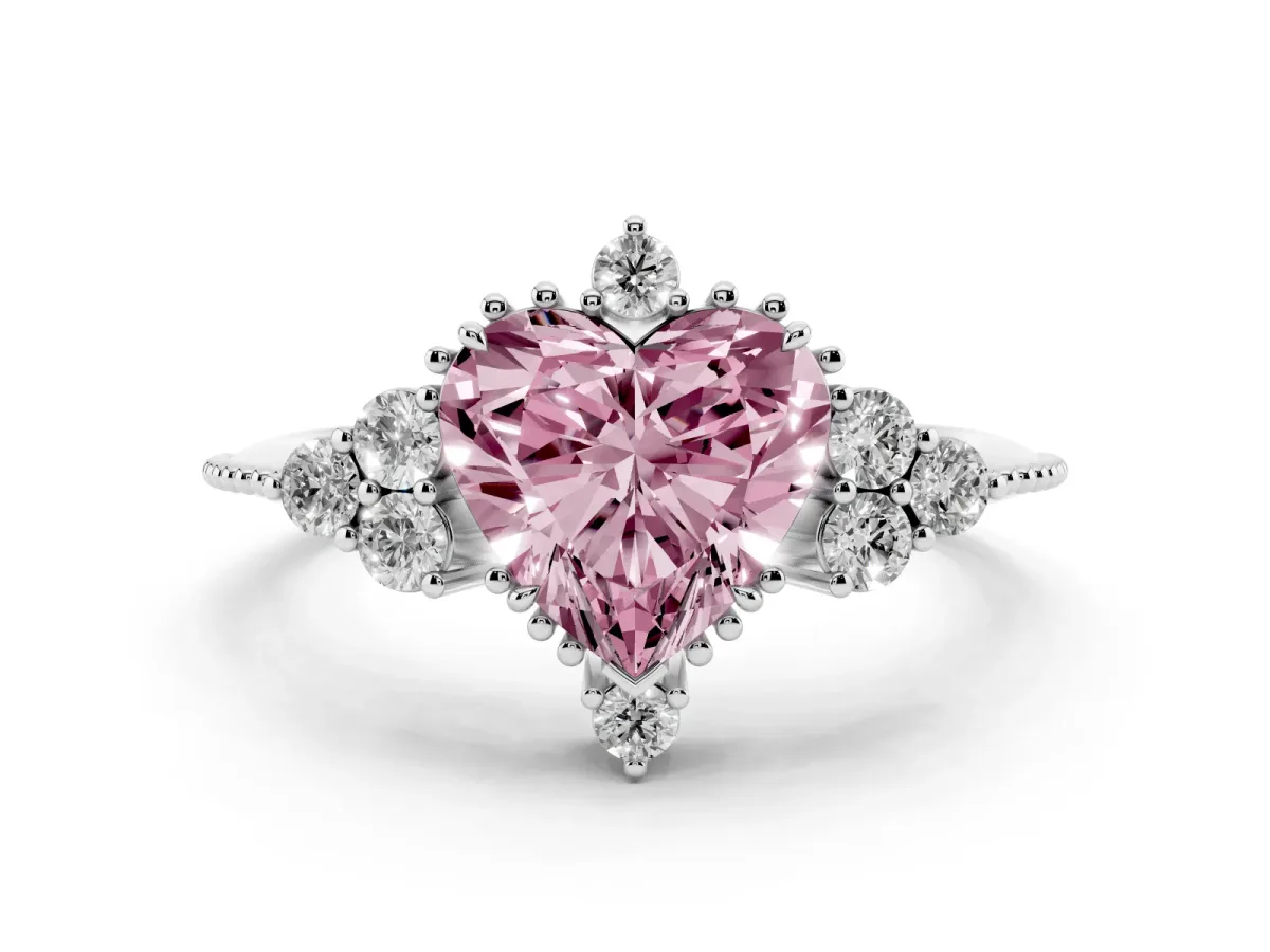 Fancy Pink Heart Cut Diamond Cluster Ring Set in White gold with Beaded Band