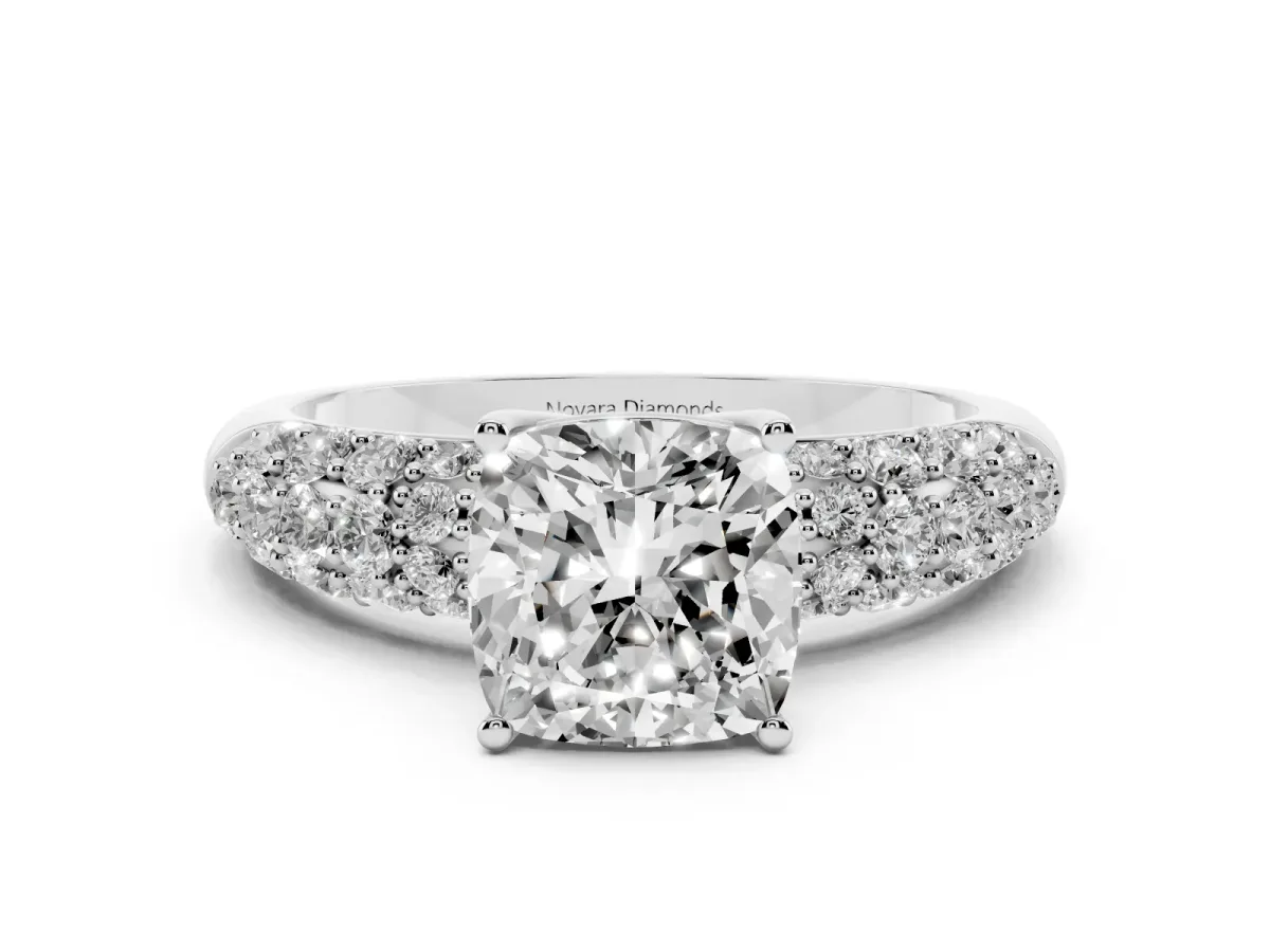 Cushion Cut Diamond Pavé Band Solitaire Ring Set in Platinum with Close-Set Accent Stones and Prong Setting