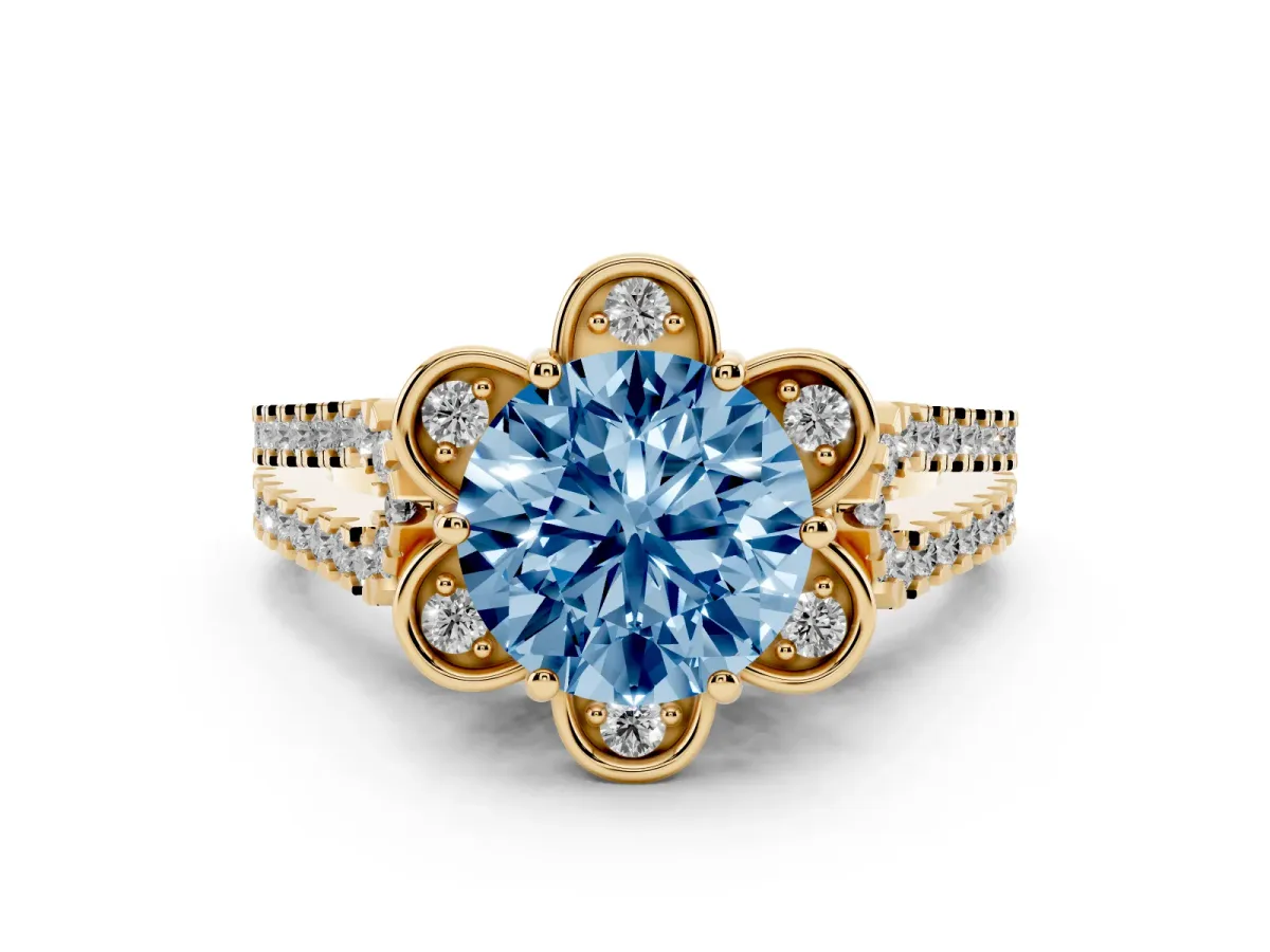 Fancy Blue Round Cut Diamond Floral Halo Split Shank Engagement Ring Set in Yellow gold with Pavé Shank