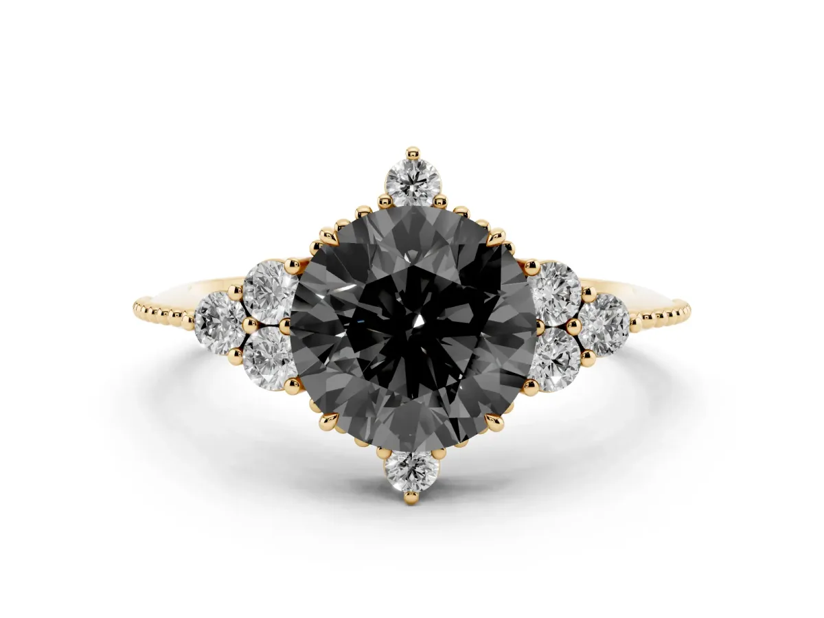 Fancy Black Round Cut Diamond Cluster Ring Set in Yellow gold with Beaded Band