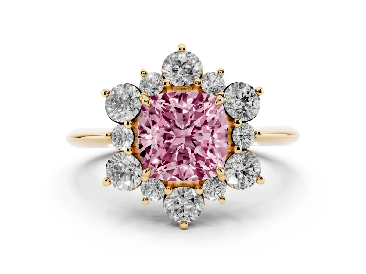 Fancy Pink Cushion Cut Diamond Cluster Halo Ring Set in Yellow gold with Solitaire Band and Prong Setting