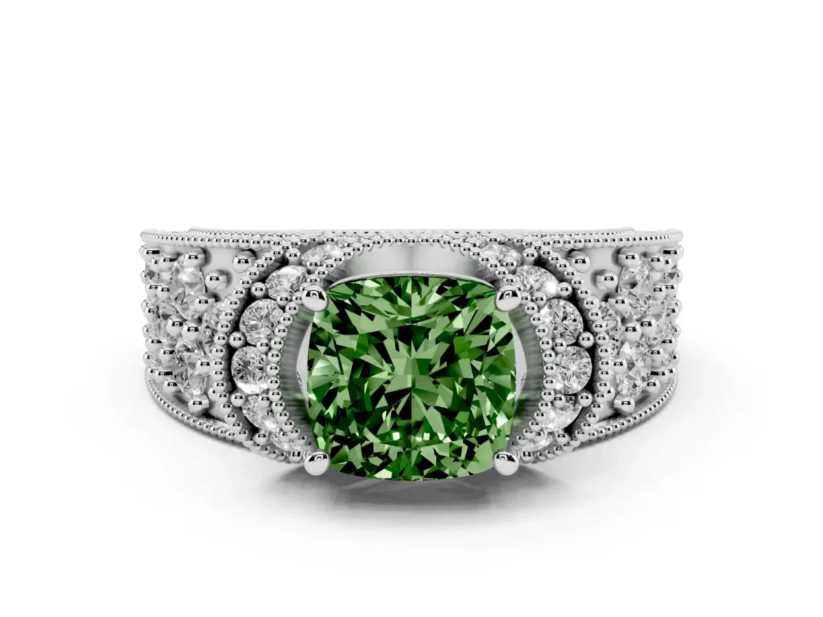 Fancy Green Cushion Cut Diamond Milgrain Halo Pavé Engagement Ring Set in Silver with Prong Setting