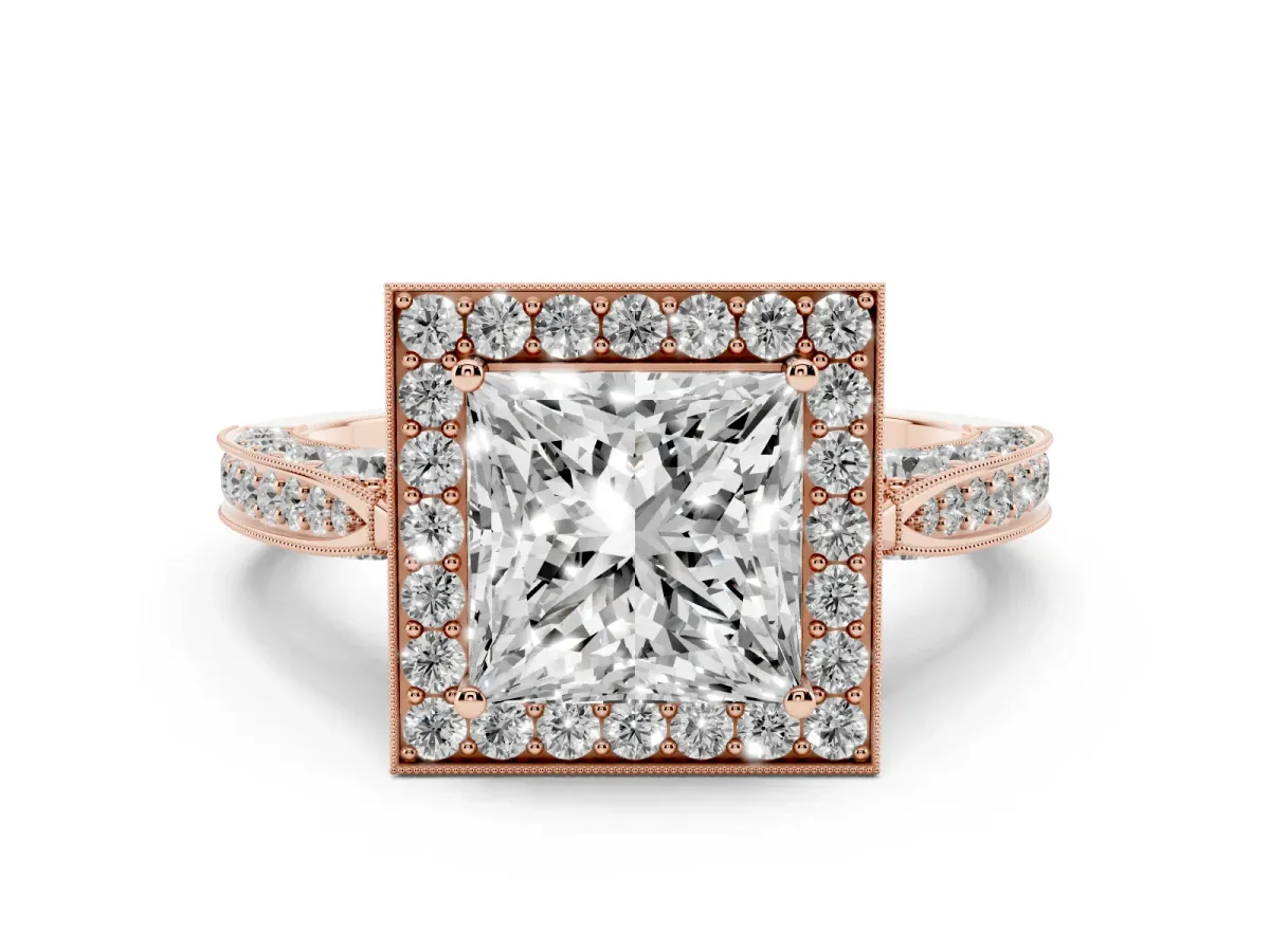 Princess Cut Diamond Halo Engagement Ring Set in Rose gold with Accent Split Shank Band