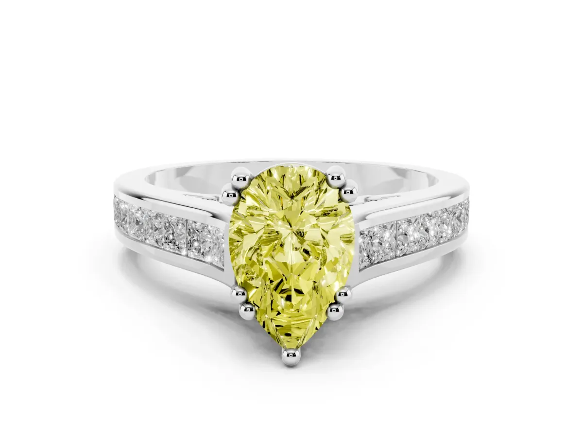 Fancy Yellow Pear Cut Diamond Channel Set Solitaire Engagement Ring Set in Silver with Prong Setting