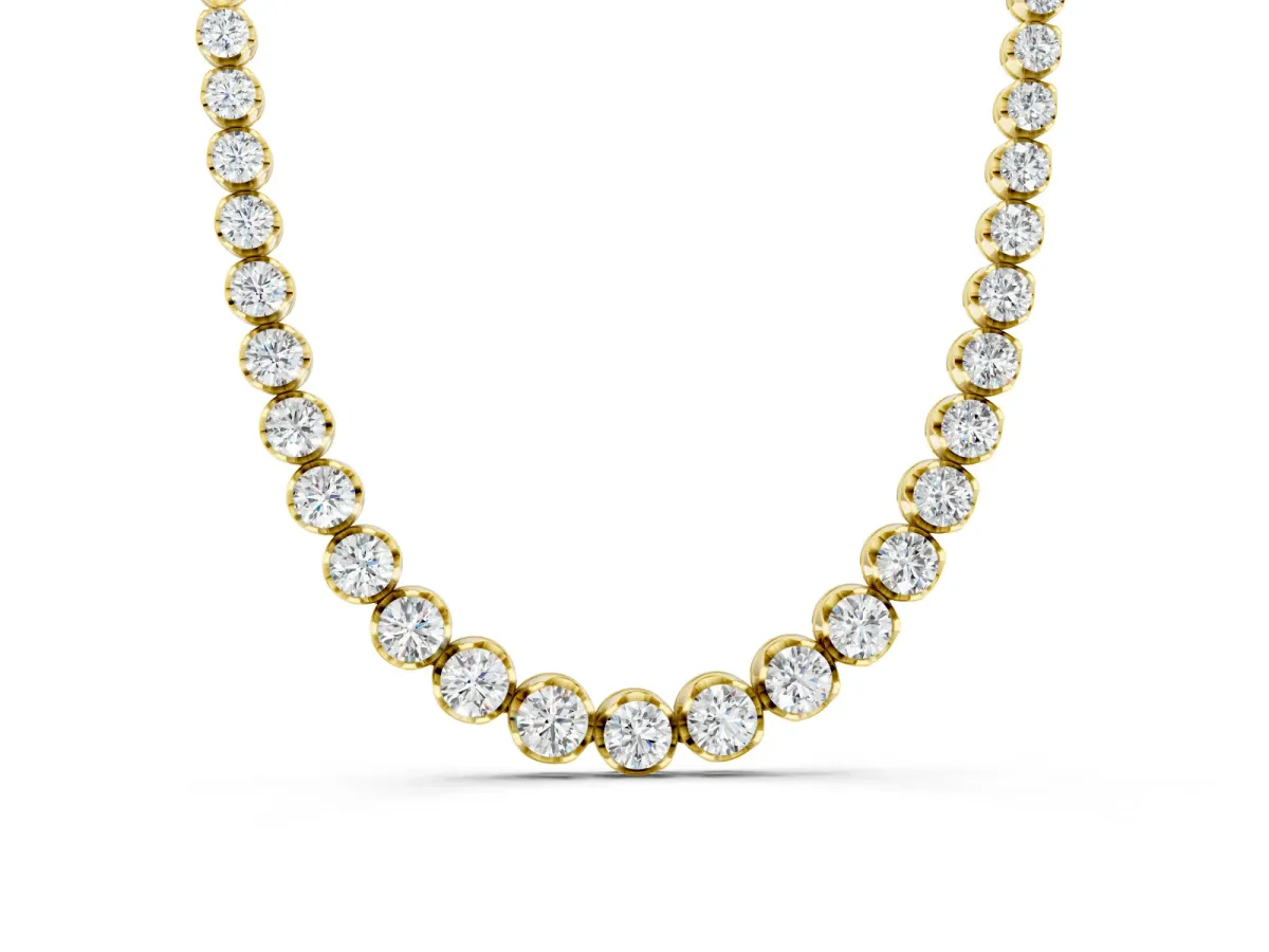 Round Diamond Tennis Necklace Set in Yellow gold with Bezel and Prong Setting