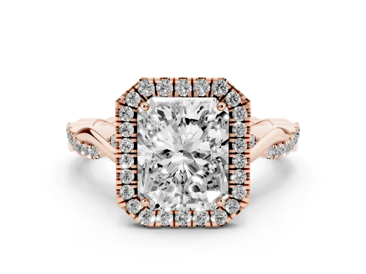 Radiant Cut Diamond Halo Twist Band Solitaire Ring Set in Rose gold with Prong Setting