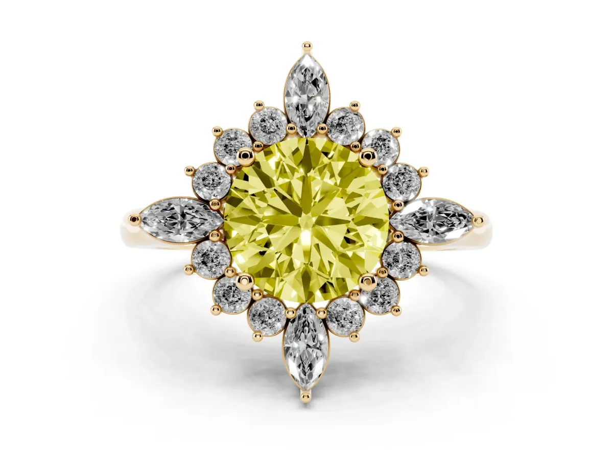 Fancy Yellow Round Cut Diamond Cluster Halo Ring Set in Yellow gold with Marquise and Round Accents