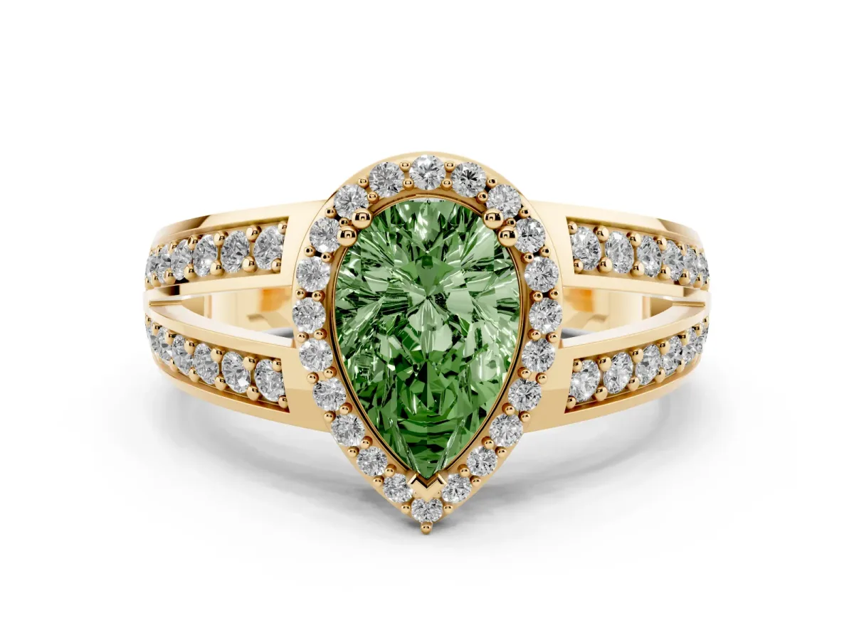 Fancy Green Pear Cut Diamond Halo Ring Set in Yellow gold with Double Pavé Split Shank