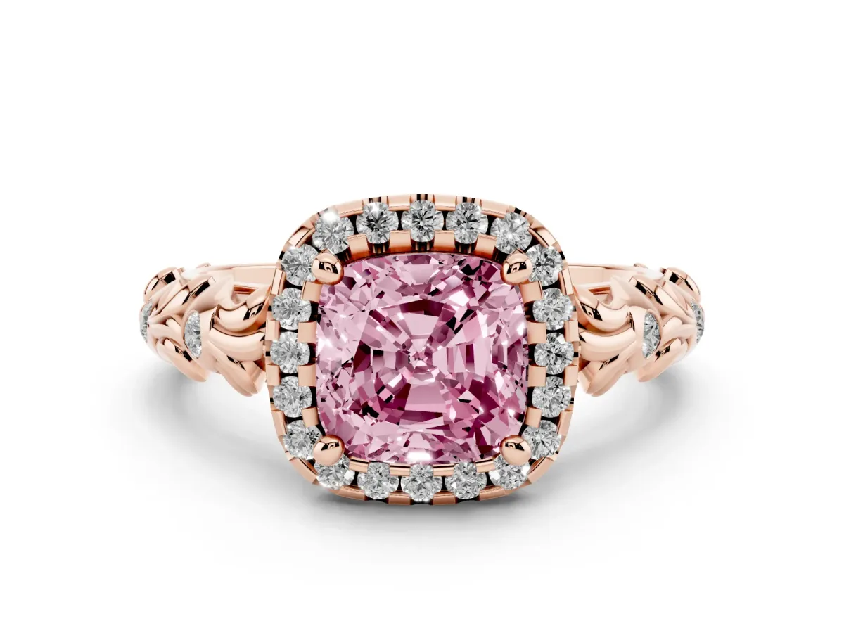 Fancy Pink Cushion Cut Diamond Halo Ring Set in Rose gold with Filigree Leaf Band and Prong Setting