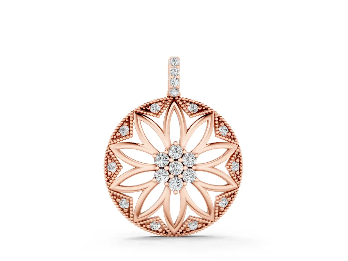 Round Diamond Cluster Flower Pendant Set in Rose gold with Openwork Petals