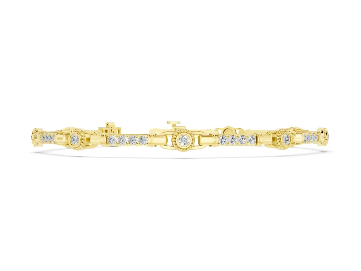 Round Diamond Bezel-Set Tennis Bracelet Set in Yellow gold with Pavé Band