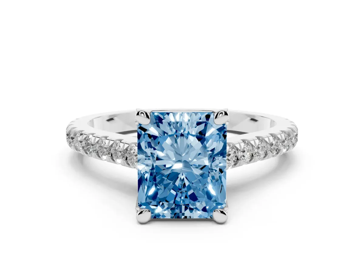 Fancy Blue Radiant Cut Diamond Solitaire Ring Set in White gold with Brilliant Pavé Band and Prong Setting