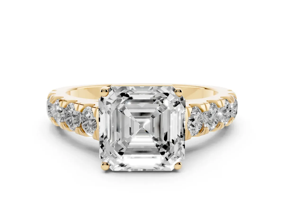 Asscher Cut Diamond Solitaire Ring Set in Yellow gold with Cut-Down Micro Pavé Band and Prong Setting