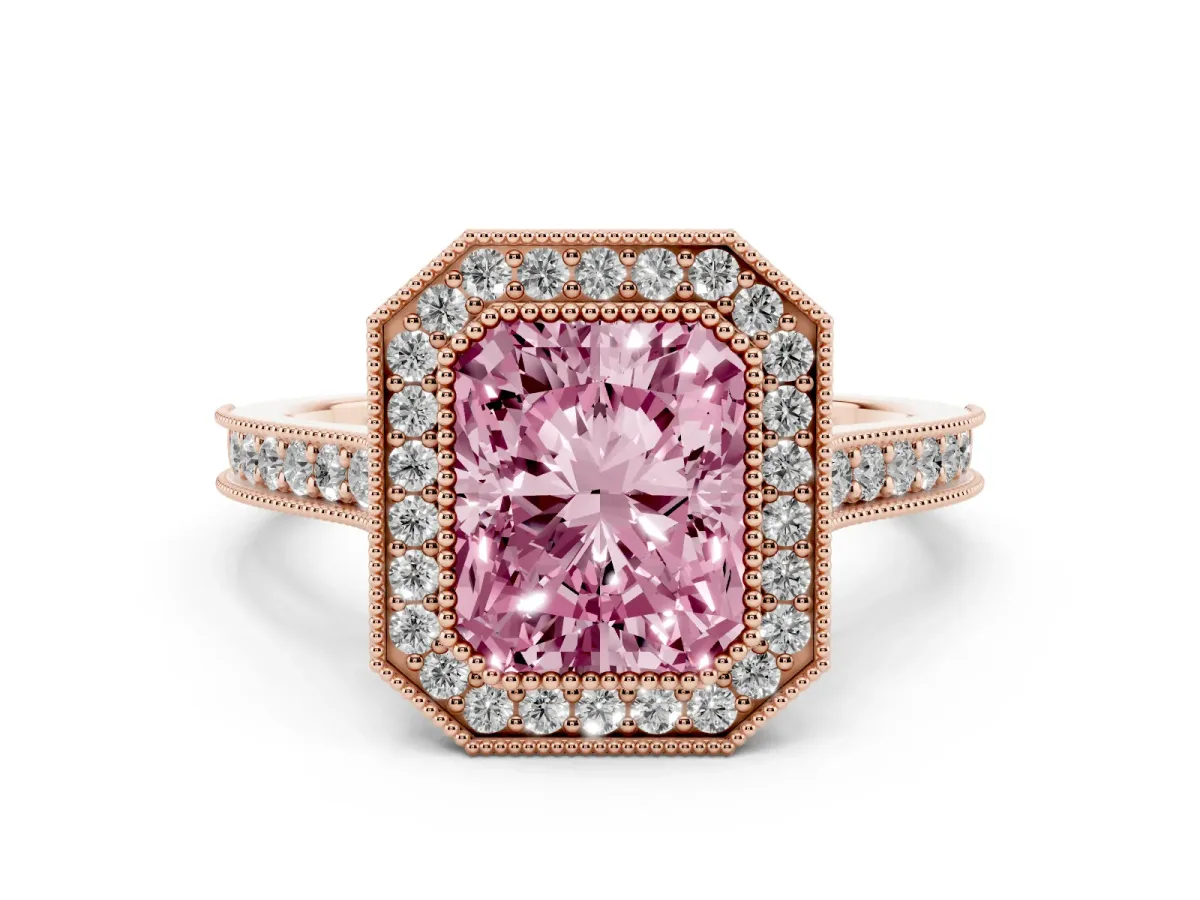 Fancy Pink Radiant Cut Diamond Halo Milgrain Pavé Band Ring Set in Rose gold with Prong Setting