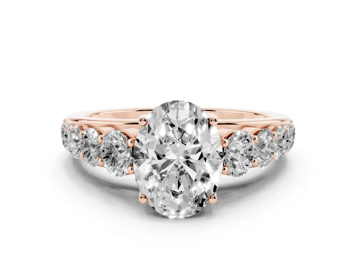 Oval Cut Diamond Solitaire Ring Set in Rose gold with Pavé-Set Band and Prong Setting