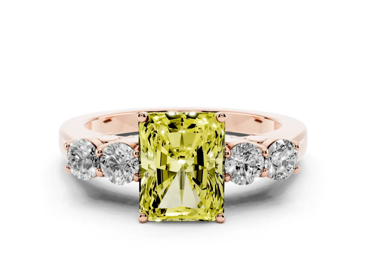 Fancy Yellow Radiant Cut Diamond Five-Stone Prong Set Band Ring Set in Rose gold with Polished Band