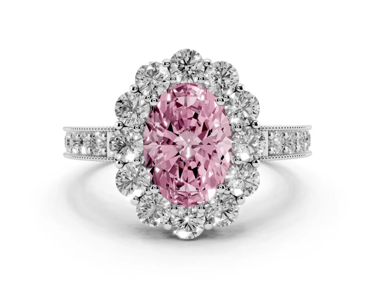 Fancy Pink Oval Cut Diamond Halo Pavé Engagement Ring Set in Platinum with Milgrain Detailing