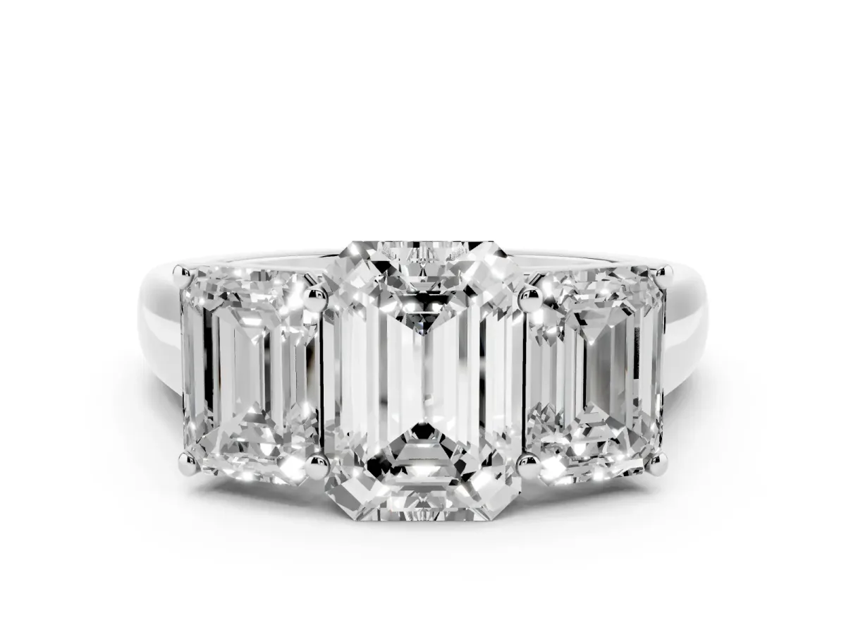 Emerald Cut Diamond Three-Stone Ring Set in White gold with Plain Polished Band