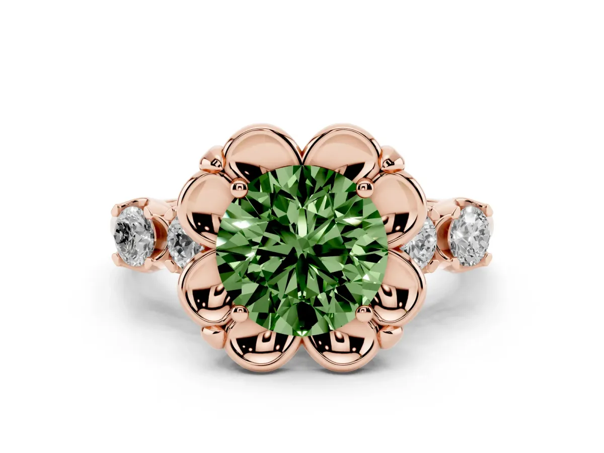 Fancy Green Round Cut Diamond Floral Halo Ring Set in Rose gold with Shared Prong Band
