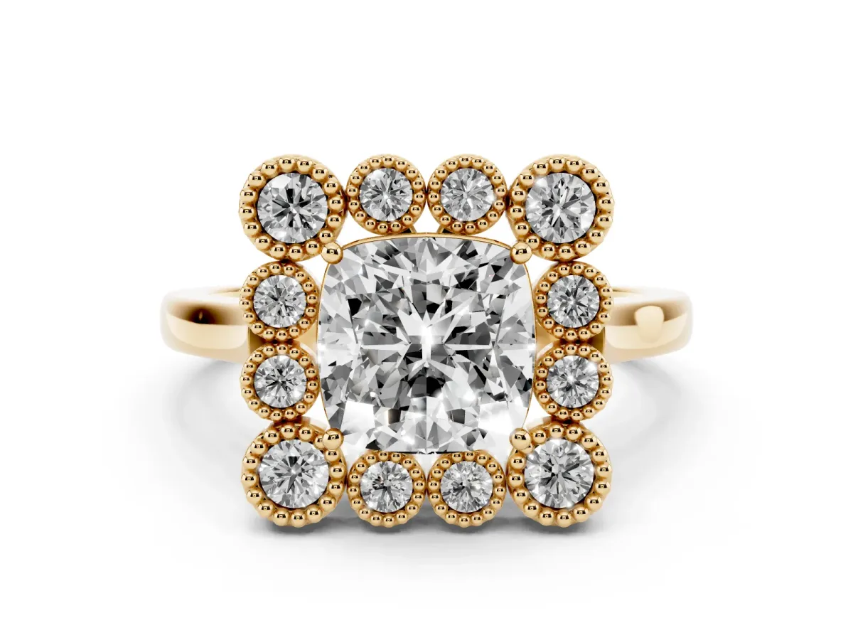 Cushion Cut Diamond Cluster Halo Ring Set in Yellow gold with Milgrain Bezel Accents and Plain Band
