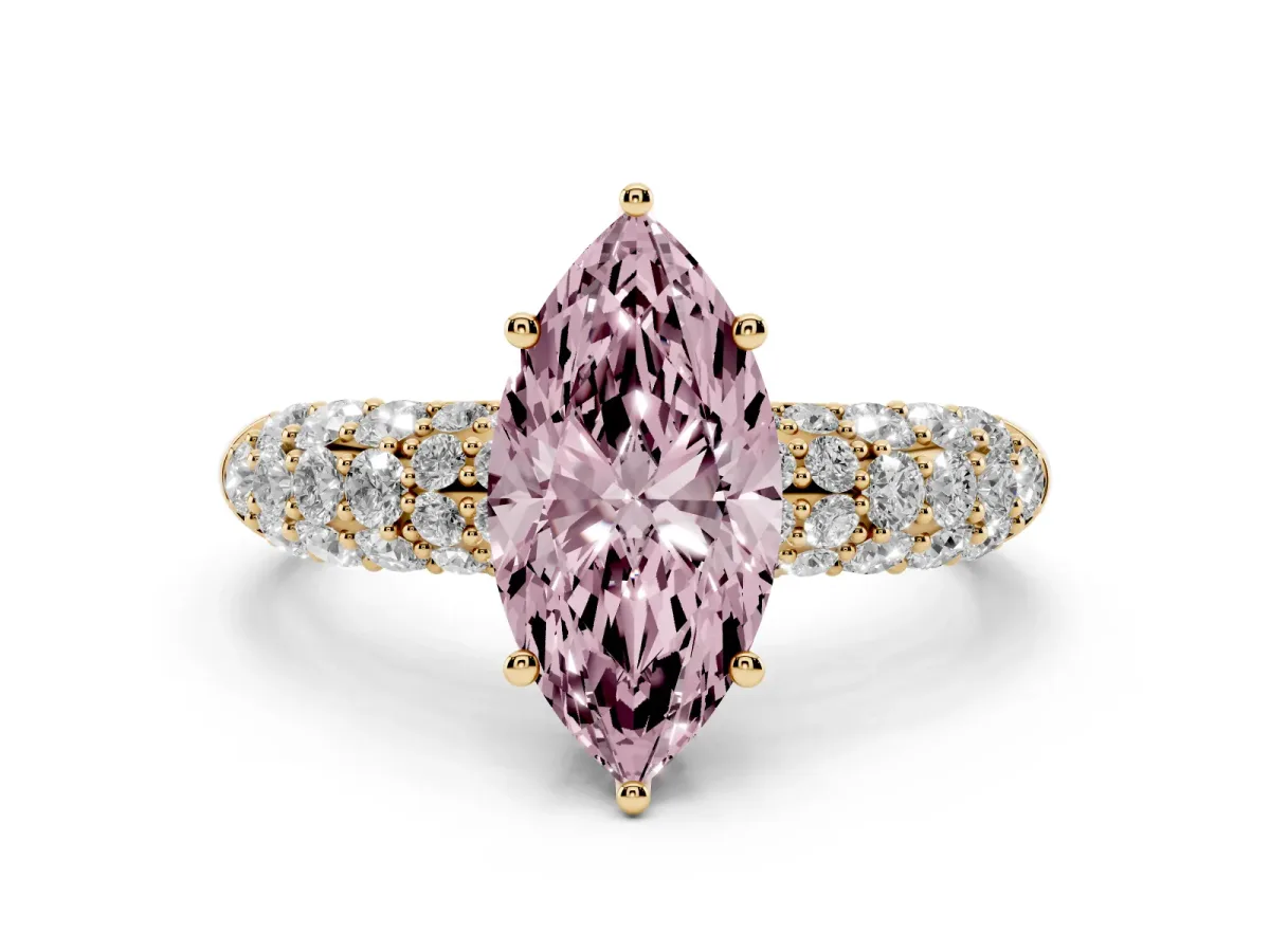 Fancy Pink Marquise Cut Diamond Pavé Band Solitaire Ring Set in Yellow gold with Close-Set Accent Stones and Prong Setting