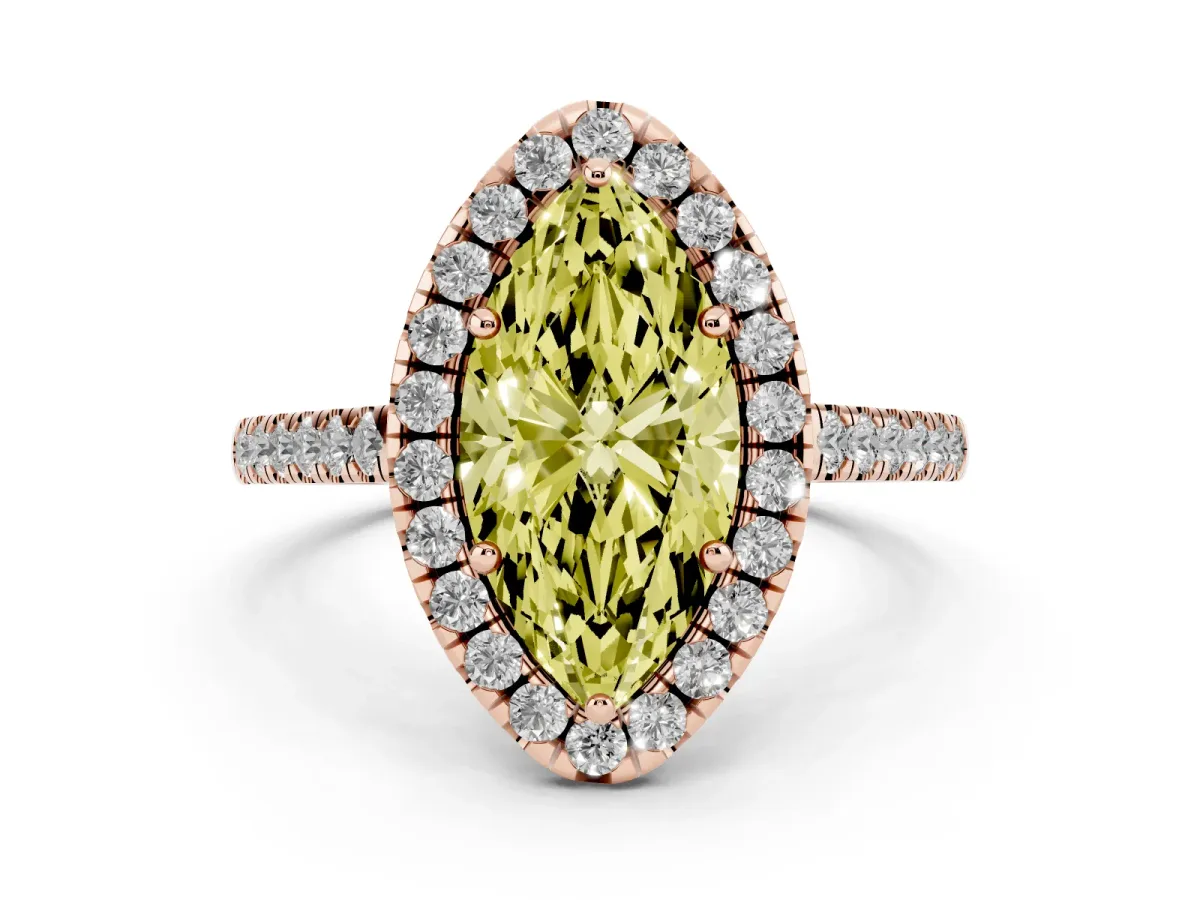 Fancy Yellow Marquise Cut Diamond Pavé Halo Engagement Ring Set in Rose gold with Pavé Band and Prong Setting