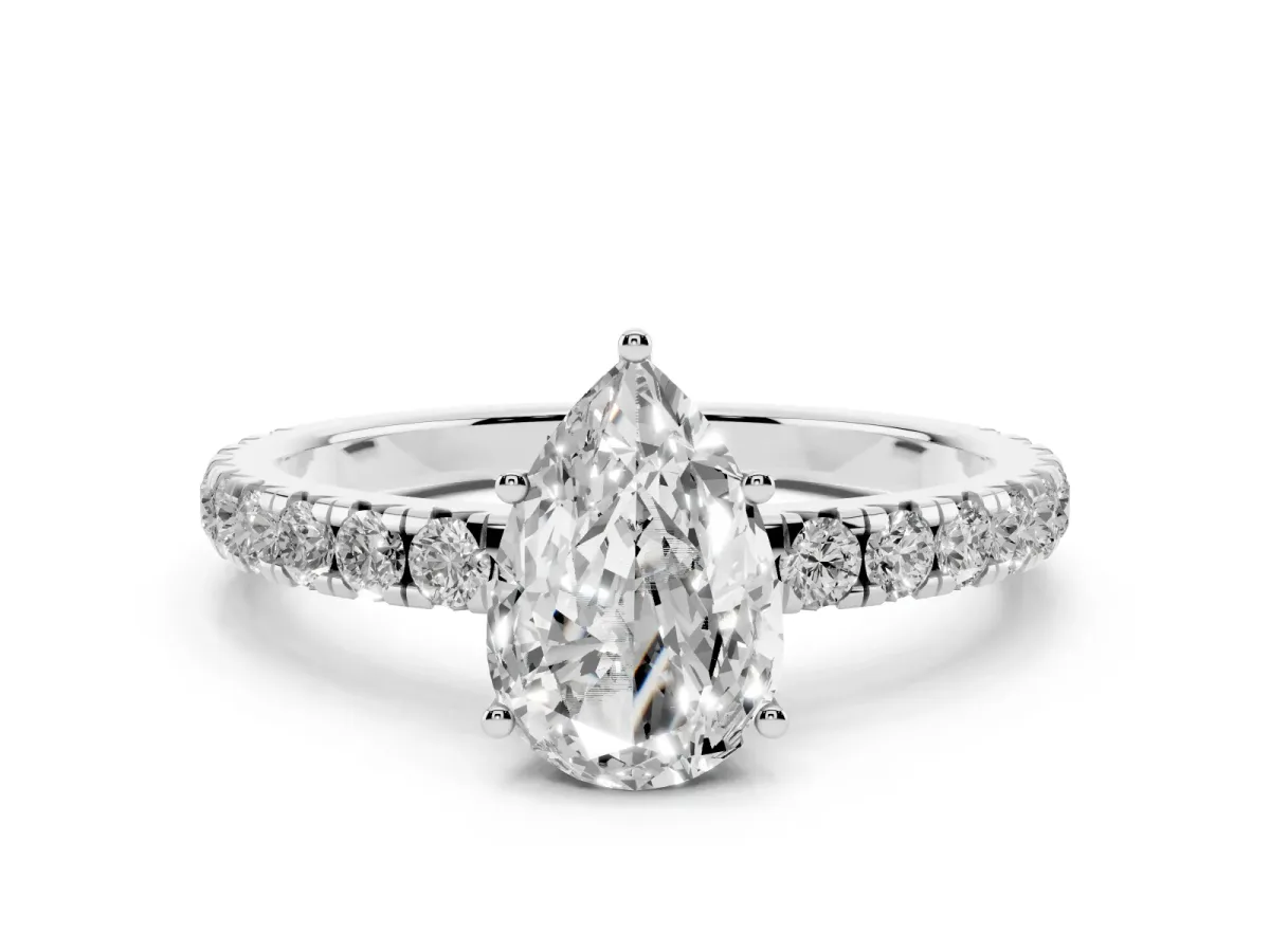 Pear Cut Diamond Pavé Solitaire Engagement Ring Set in Silver with Prong Setting