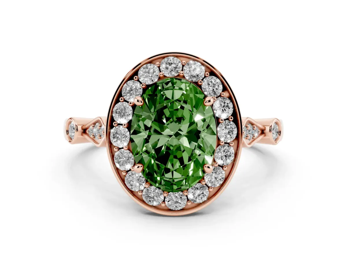 Fancy Green Oval Cut Diamond Halo Engagement Ring Set in Rose gold with Twisted Band and Prong Setting