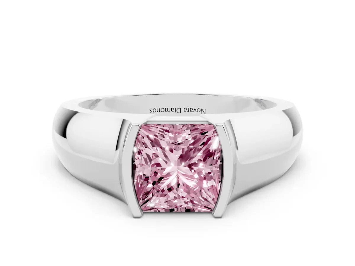 Fancy Pink Princess Cut Diamond Bezel Solitaire Ring Set in White gold with Wide Band
