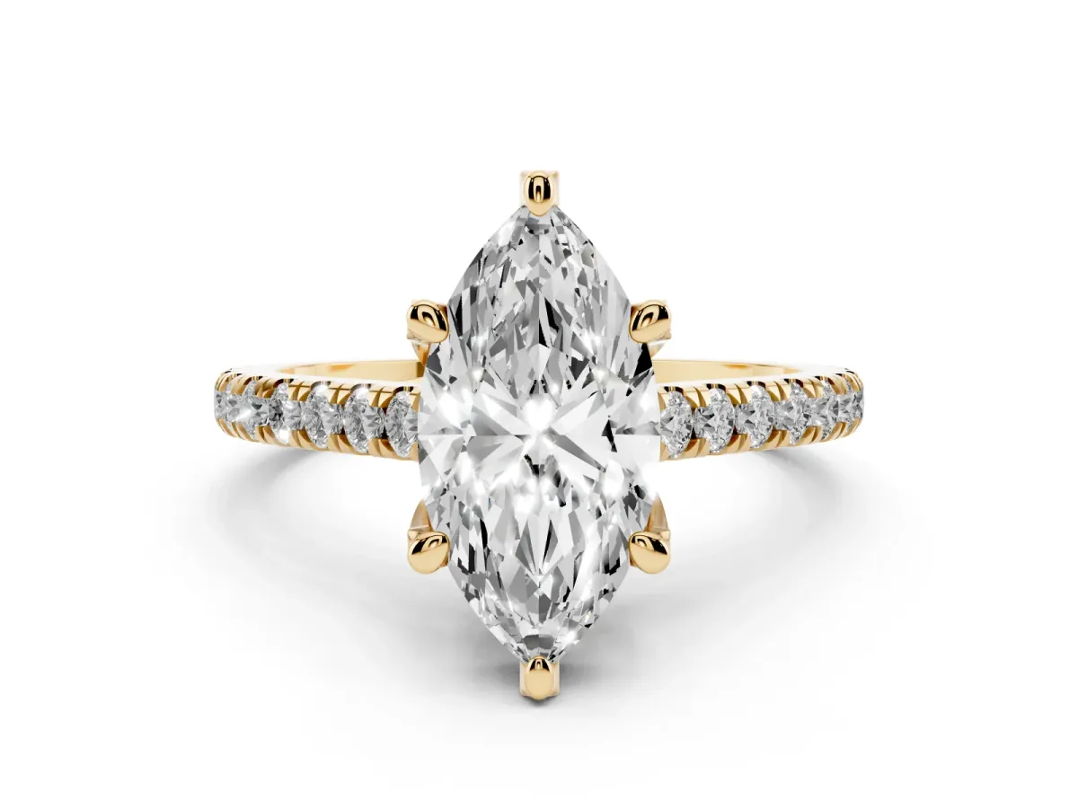 Marquise Cut Diamond Solitaire Ring Set in Yellow gold with Brilliant Pavé Band and Prong Setting