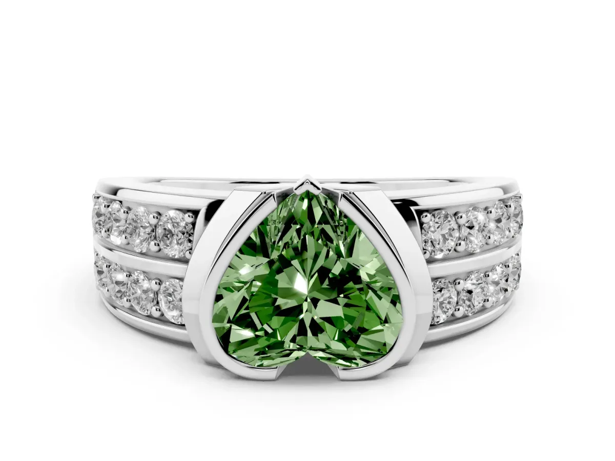 Fancy Green Heart Cut Diamond Wide Channel Set Band Ring Set in White gold with Bezel Setting