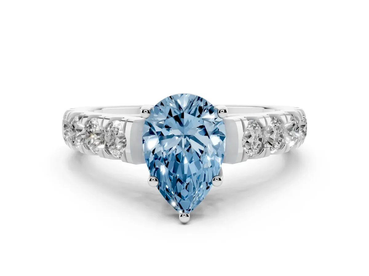 Fancy Blue Pear Cut Diamond Solitaire Ring Set in Silver with Cut-Down Micro Pavé Band and Prong Setting