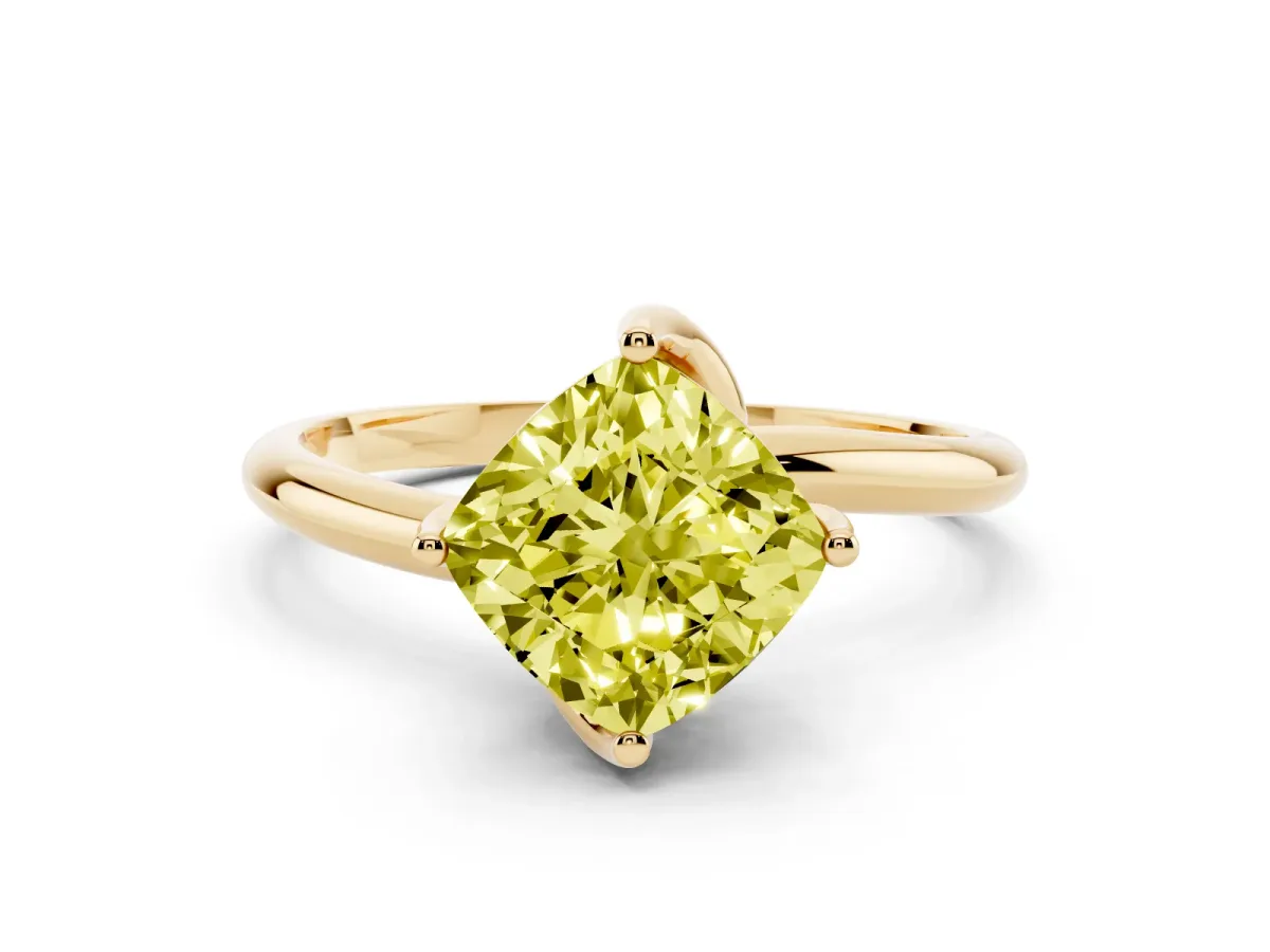 Fancy Yellow Cushion Cut Diamond Solitaire Engagement Ring Set in Yellow gold with Classic Plain Band
