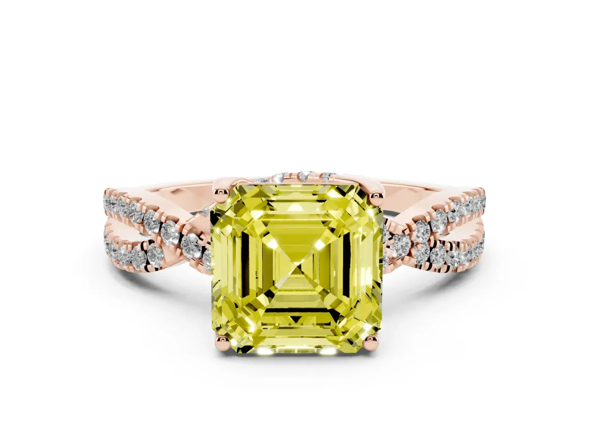 Fancy Yellow Asscher Cut Diamond Twist Pavé Solitaire Engagement Ring Set in Rose gold with Prong Setting