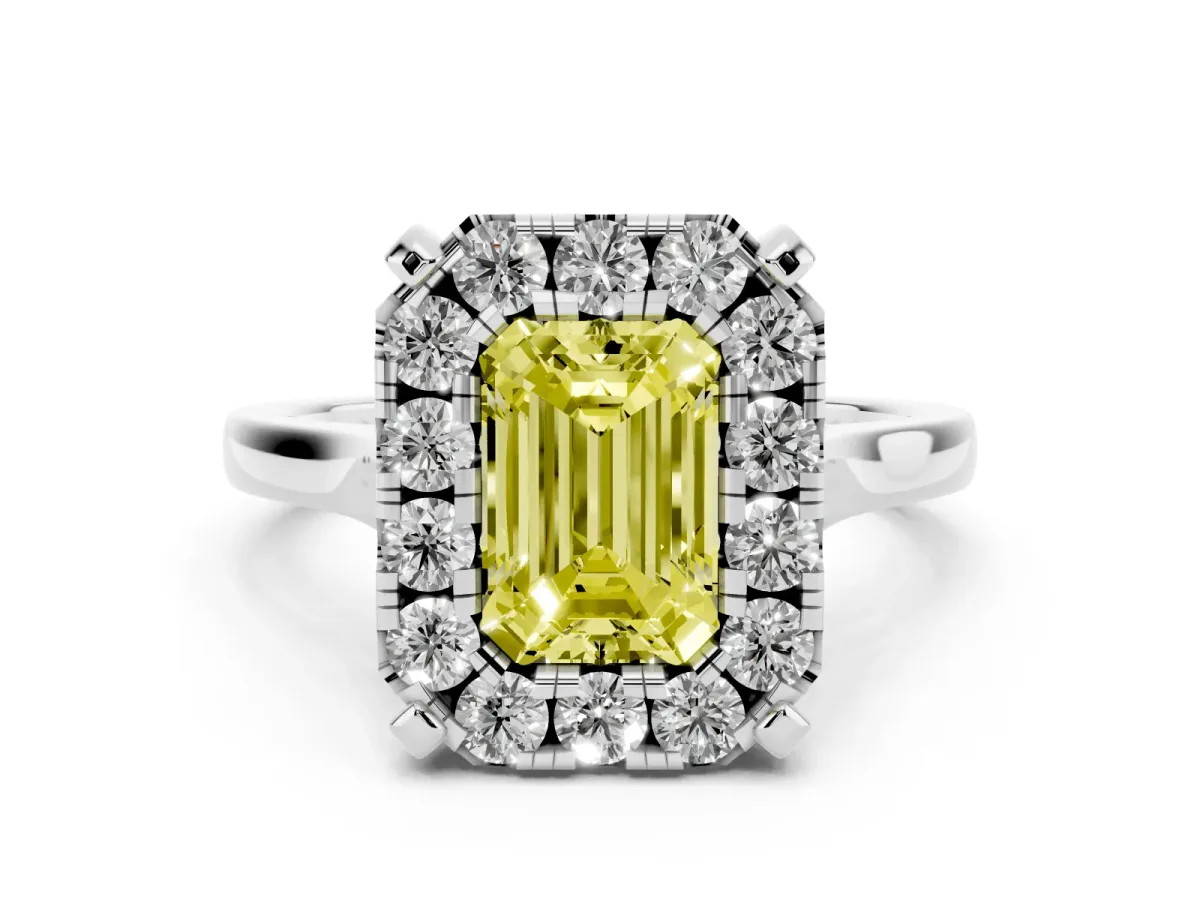 Fancy Yellow Emerald Cut Diamond Cluster Halo Solitaire Ring Set in Platinum with Prong Setting