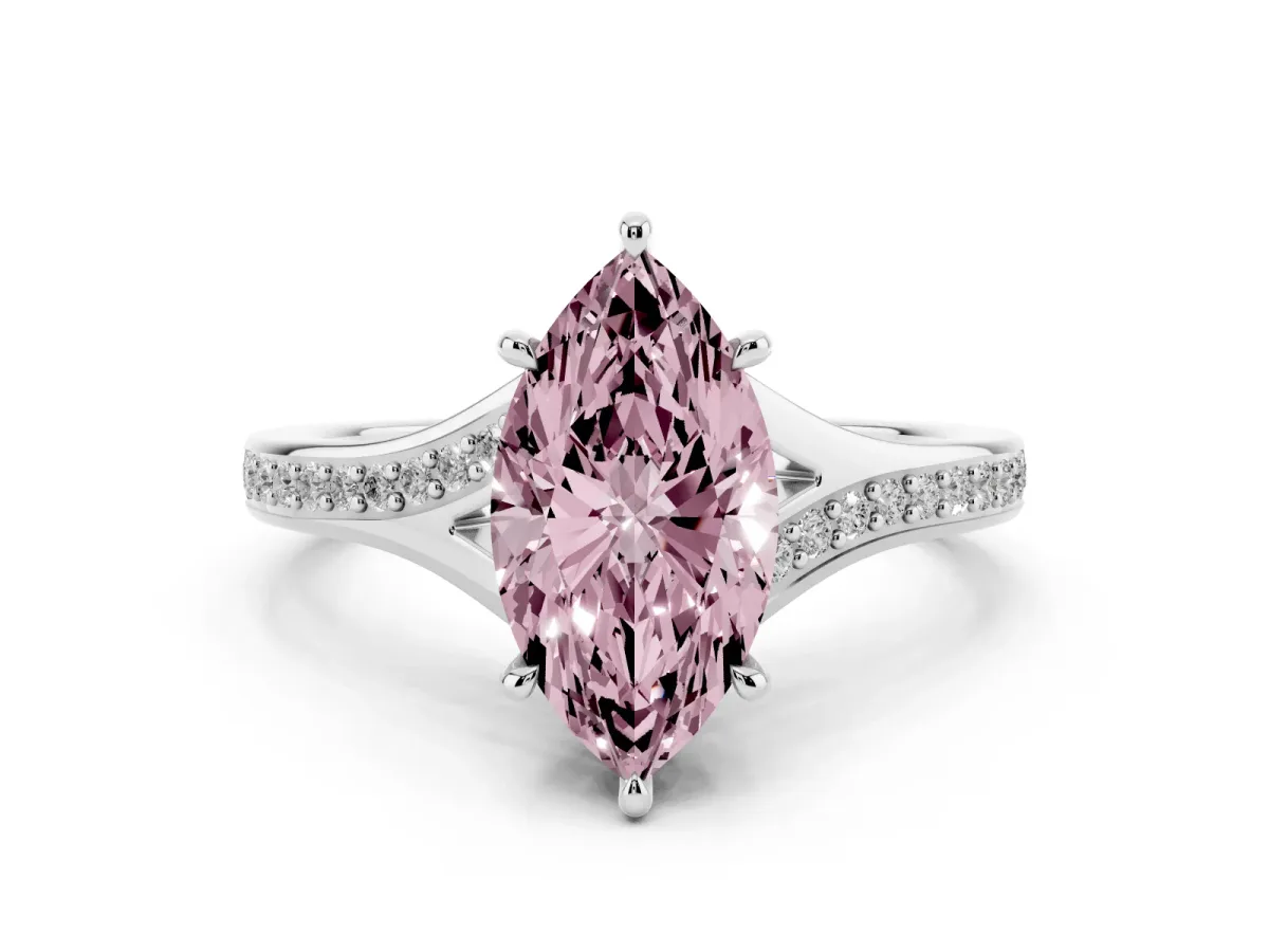 Fancy Pink Marquise Cut Diamond Solitaire Ring Set in Platinum with Pavé Accent Band and Classic Prong Setting