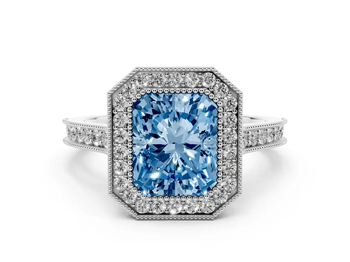 Fancy Blue Radiant Cut Diamond Halo Milgrain Pavé Band Ring Set in White gold with Prong Setting