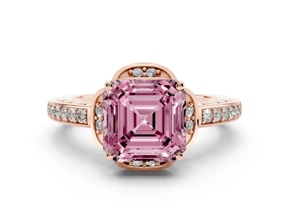 Fancy Pink Asscher Cut Diamond Halo Ring Set in Rose gold with Channel Set Band and Prong Setting