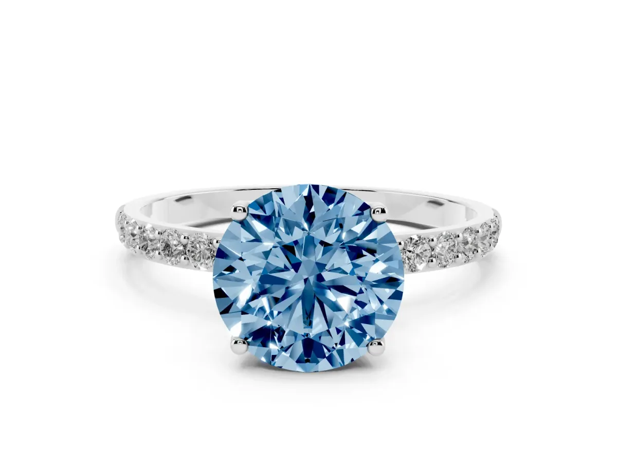 Fancy Blue Round Cut Diamond Solitaire Engagement Ring Set in Platinum with Round Pavé Band and Prong Setting