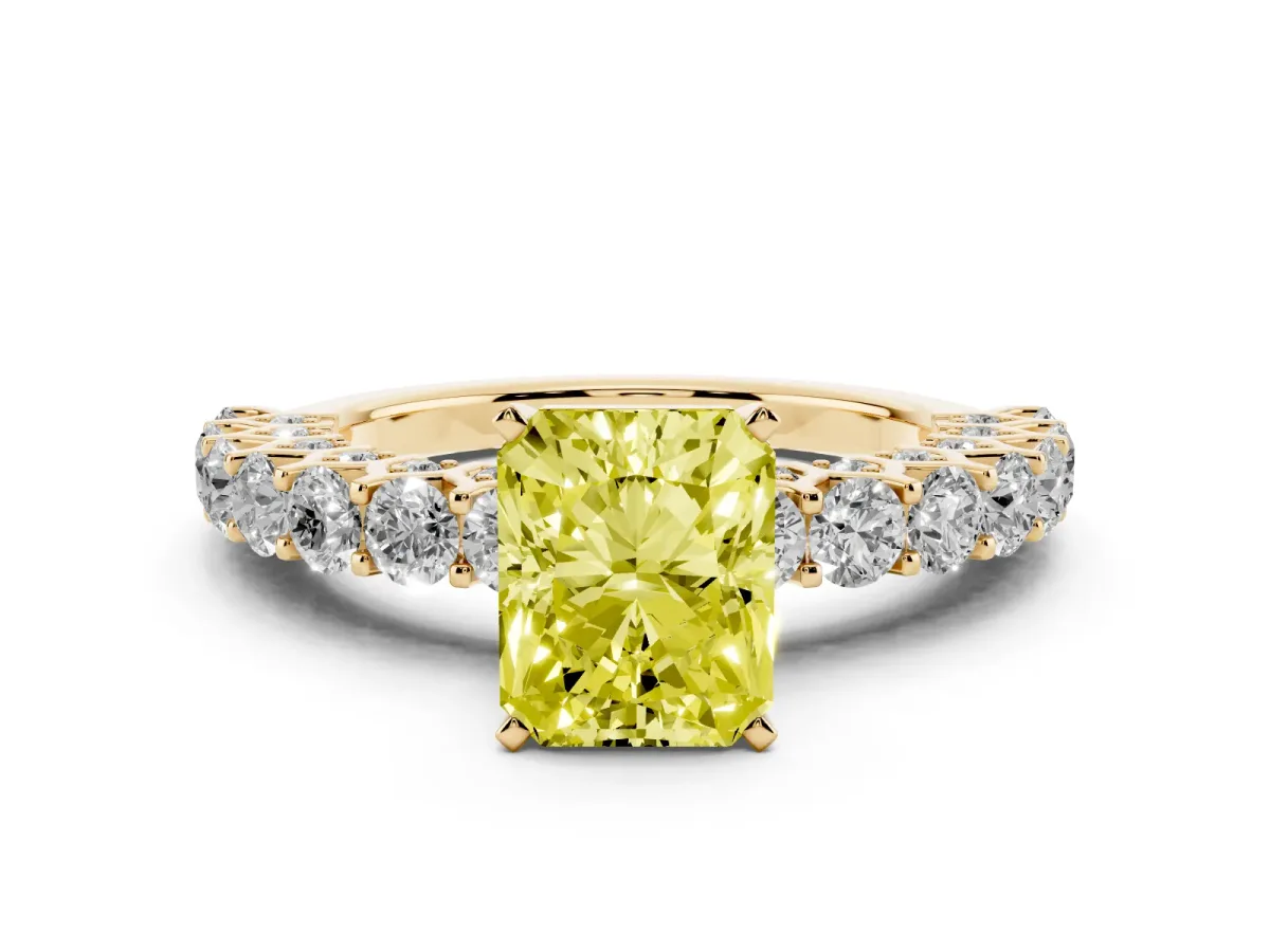 Fancy Yellow Radiant Cut Diamond Solitaire Ring Set in Yellow gold with Shared Prong Pavé Band