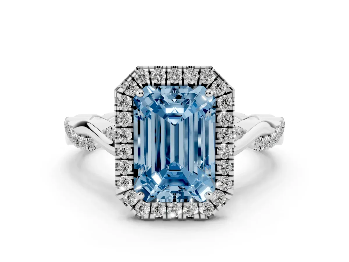 Fancy Blue Emerald Cut Diamond Halo Twist Band Solitaire Ring Set in Silver with Prong Setting