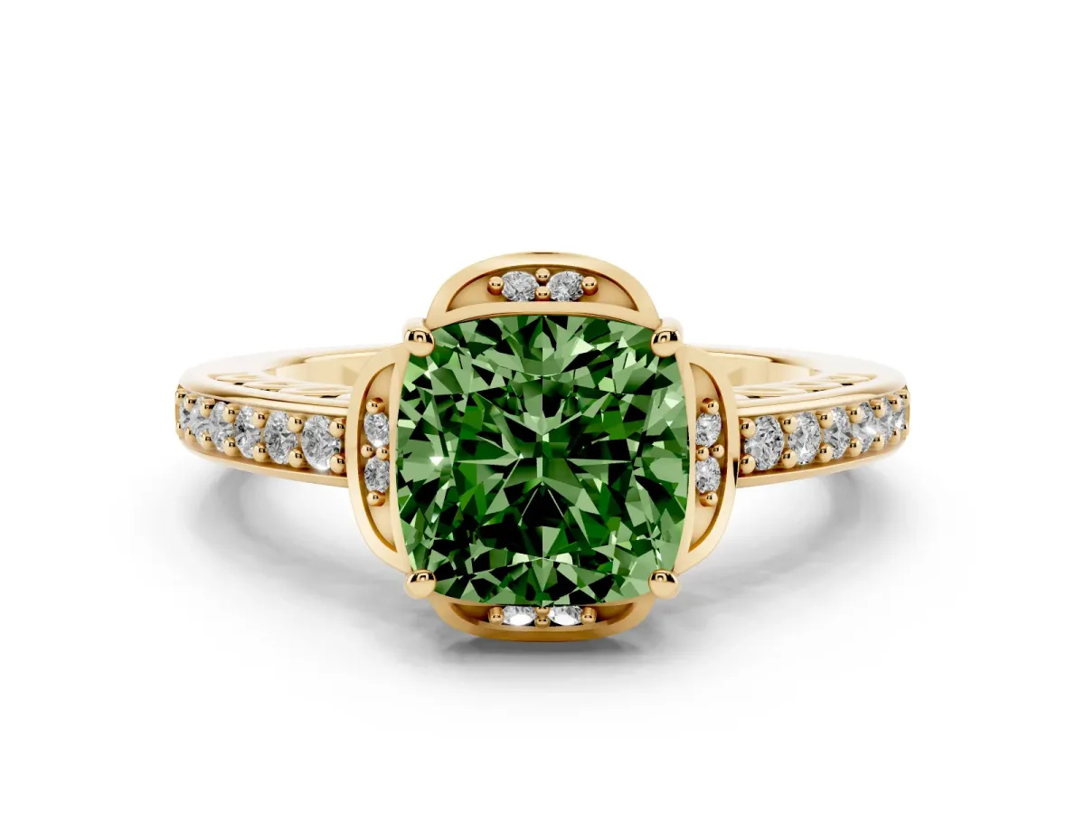 Fancy Green Cushion Cut Diamond Halo Ring Set in Yellow gold with Channel Set Band and Prong Setting