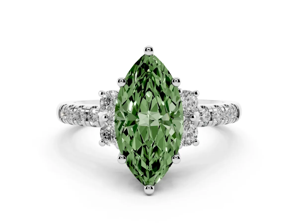 Fancy Green Marquise Cut Diamond Three-Stone Pavé Ring Set in White gold with Prong Setting