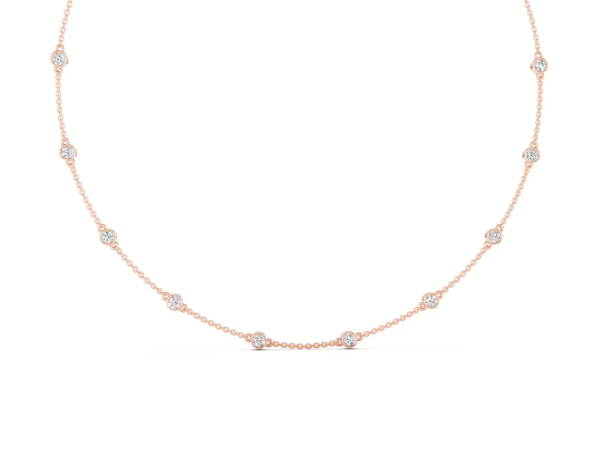 Round Diamond Station Necklace Set in Rose gold with Bezel-Set Stones