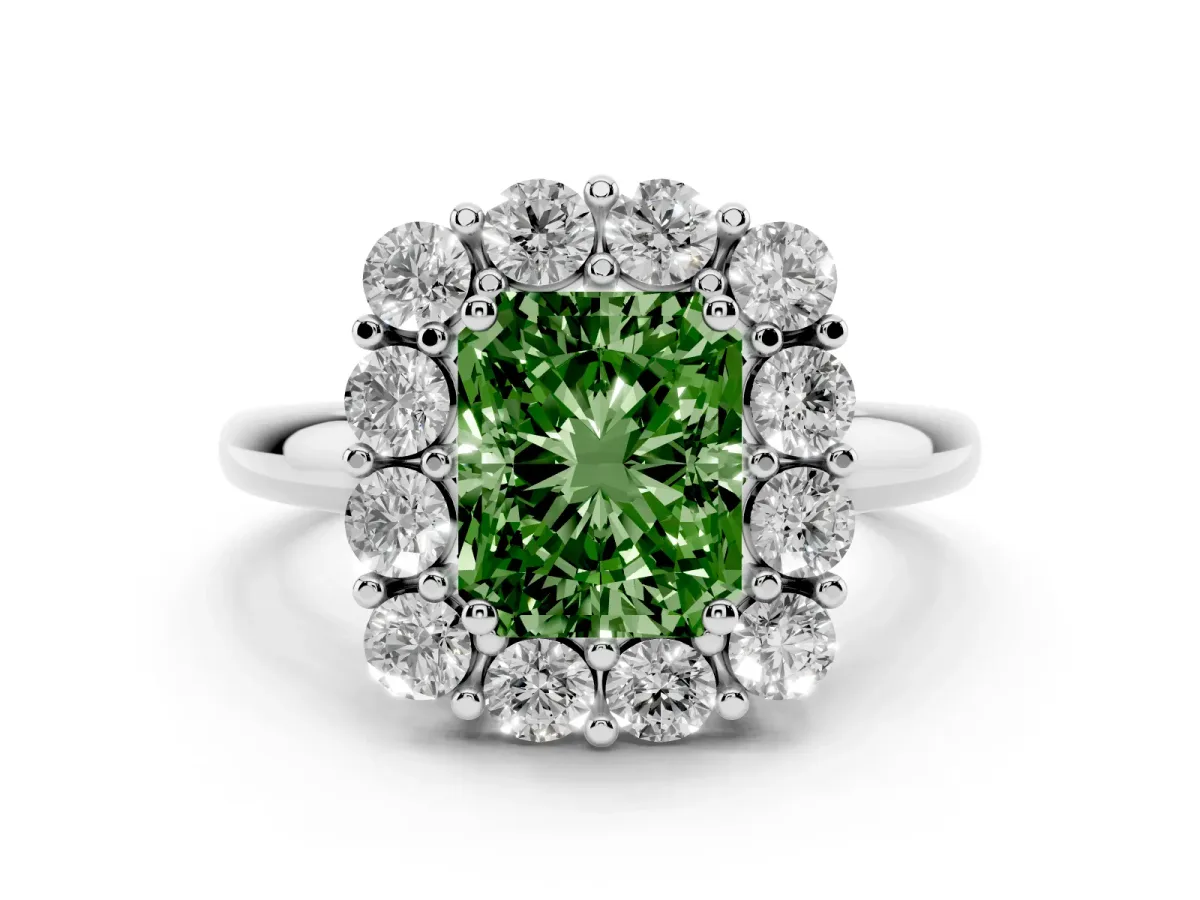 Fancy Green Radiant Cut Diamond Halo Cluster Engagement Ring Set in White gold with Polished Band and Prong Setting