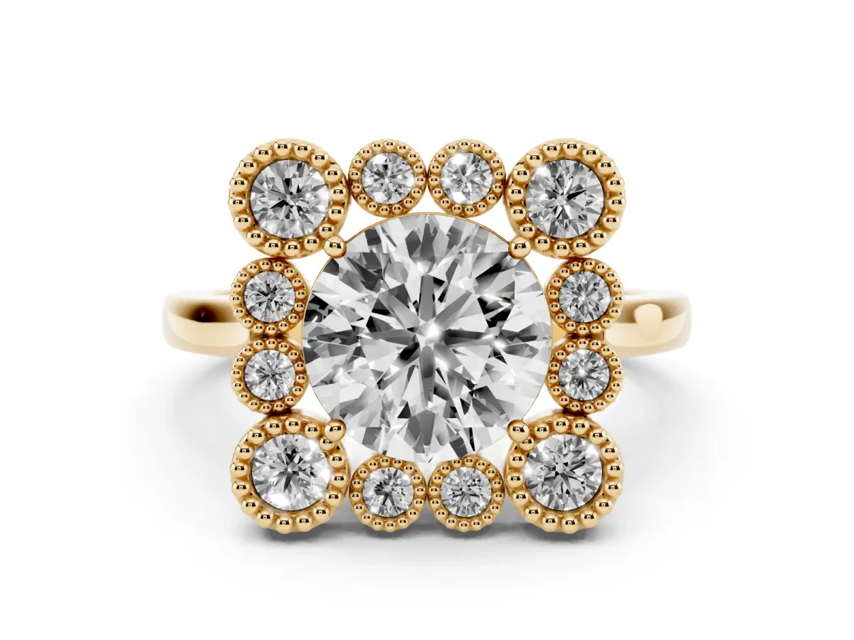 Round Cut Diamond Cluster Halo Ring Set in Yellow gold with Milgrain Bezel Accents and Plain Band