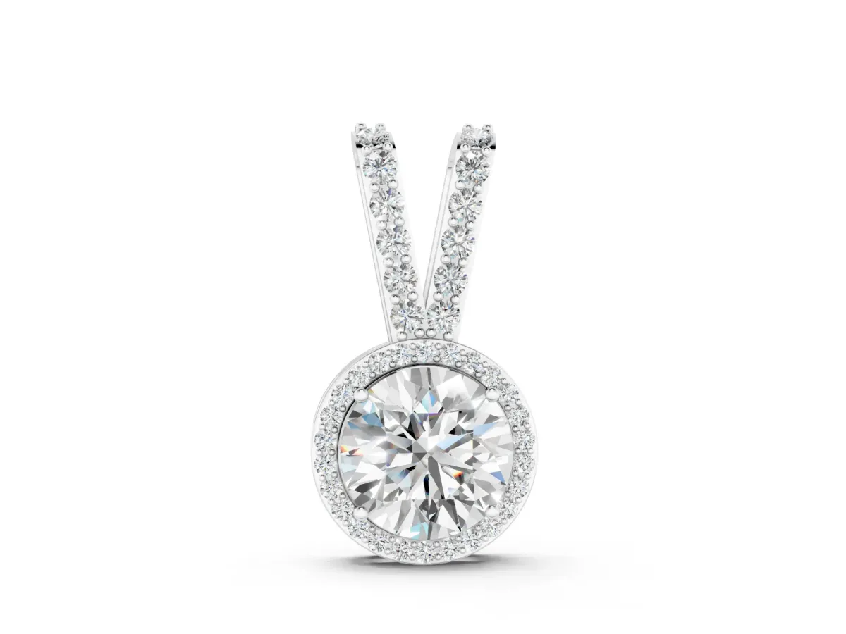 Round Halo Diamond Pendant Set in White gold with Prong-Set Center and Halo