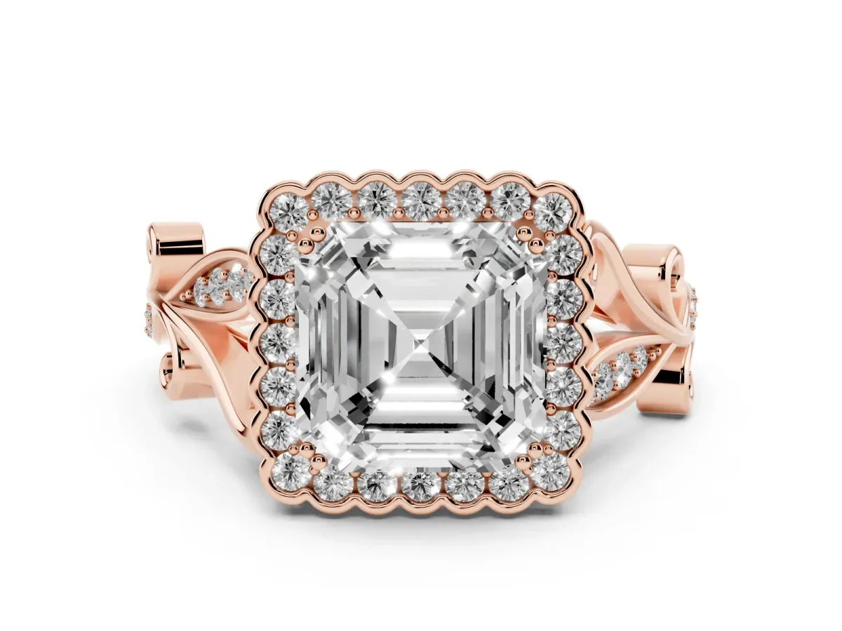 Asscher Cut Diamond Halo Ring Set in Rose gold with Leaf Motif Split Shank and Prong Setting