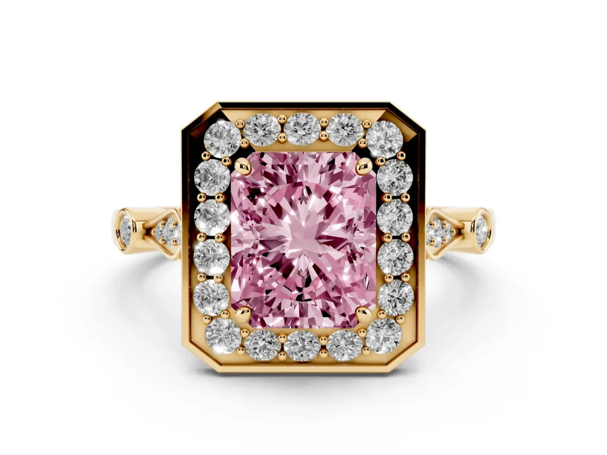 Fancy Pink Radiant Cut Diamond Halo Engagement Ring Set in Yellow gold with Twisted Band and Prong Setting
